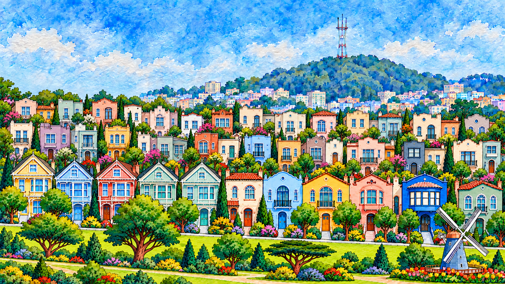 Watercolor of colorful San Francisco houses, Sutro Tower, Golden Gate Park and the Dutch Windmill